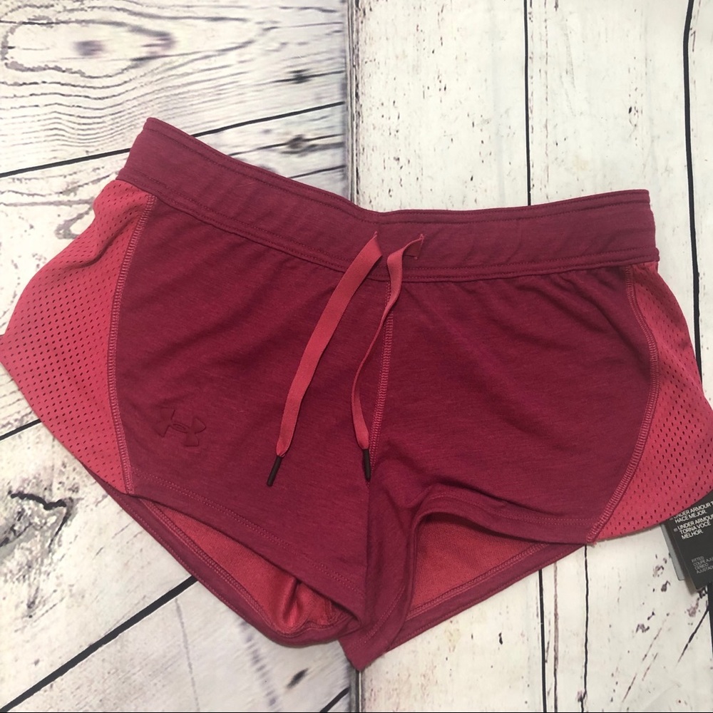 Red/maroon UA running shorts